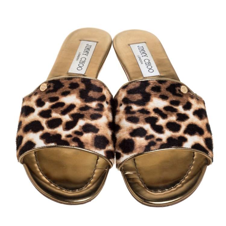 Pre Owned Jimmy Choo Brown Leopard Print Pony Hair Nanda Flat Slides Size 38