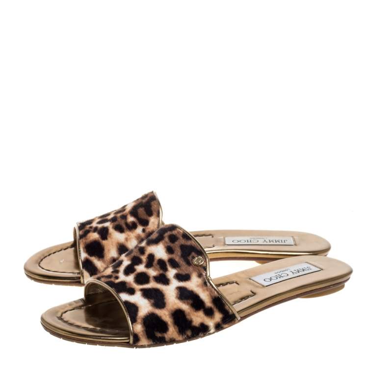 Pre Owned Jimmy Choo Brown Leopard Print Pony Hair Nanda Flat Slides Size 38