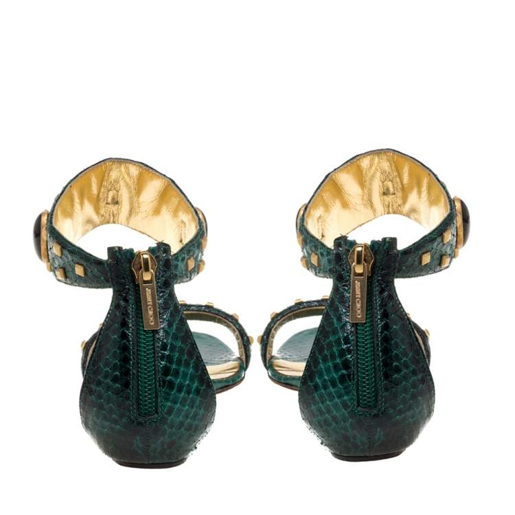 Pre Owned Jimmy Choo Green Python Leather Studded Pearl Embellished Ankle Cuff Flat Sandals Size 38