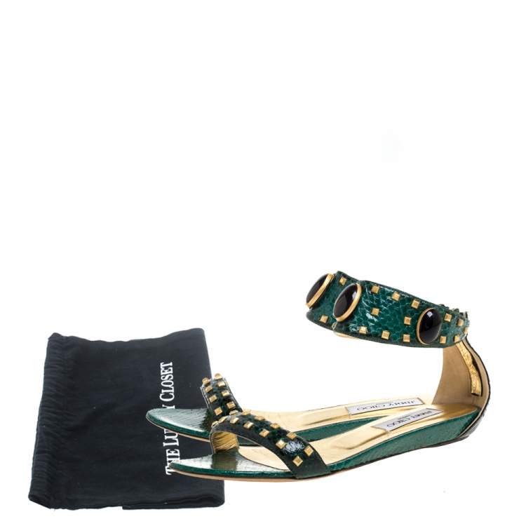 Pre Owned Jimmy Choo Green Python Leather Studded Pearl Embellished Ankle Cuff Flat Sandals Size 38