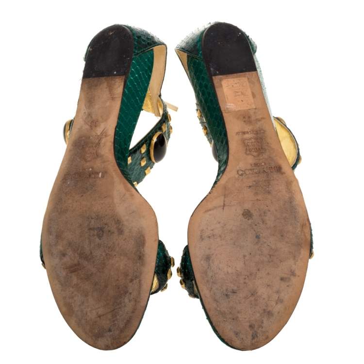 Pre Owned Jimmy Choo Green Python Leather Studded Pearl Embellished Ankle Cuff Flat Sandals Size 38