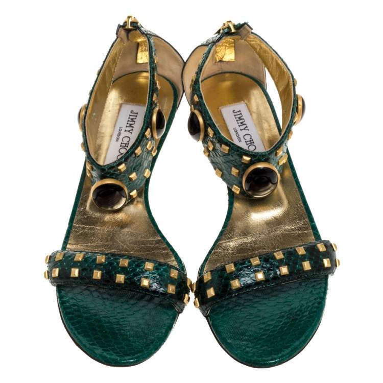 Pre Owned Jimmy Choo Green Python Leather Studded Pearl Embellished Ankle Cuff Flat Sandals Size 38