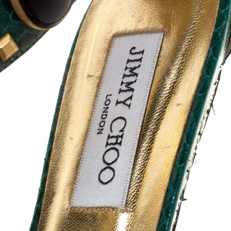 Pre Owned Jimmy Choo Green Python Leather Studded Pearl Embellished Ankle Cuff Flat Sandals Size 38
