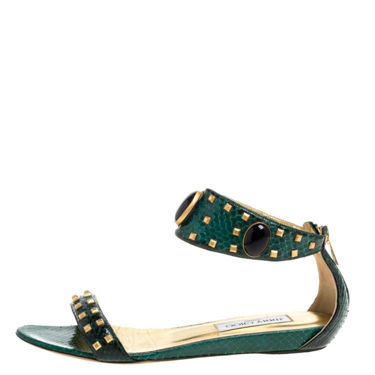 Pre Owned Jimmy Choo Green Python Leather Studded Pearl Embellished Ankle Cuff Flat Sandals Size 38