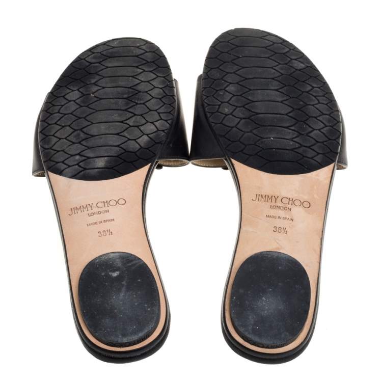 مملوكة مسبقًا Jimmy Choo Black Leather Neave Floral Appliqué Slides Size 38.5