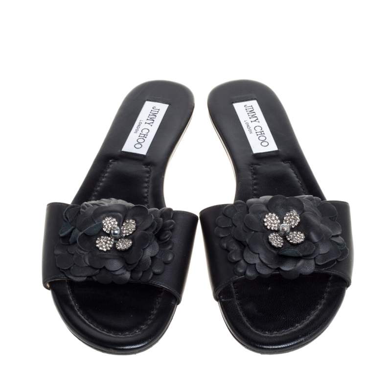 مملوكة مسبقًا Jimmy Choo Black Leather Neave Floral Appliqué Slides Size 38.5