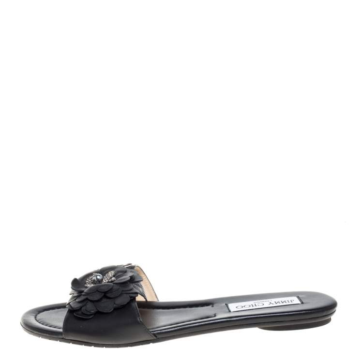 مملوكة مسبقًا Jimmy Choo Black Leather Neave Floral Appliqué Slides Size 38.5