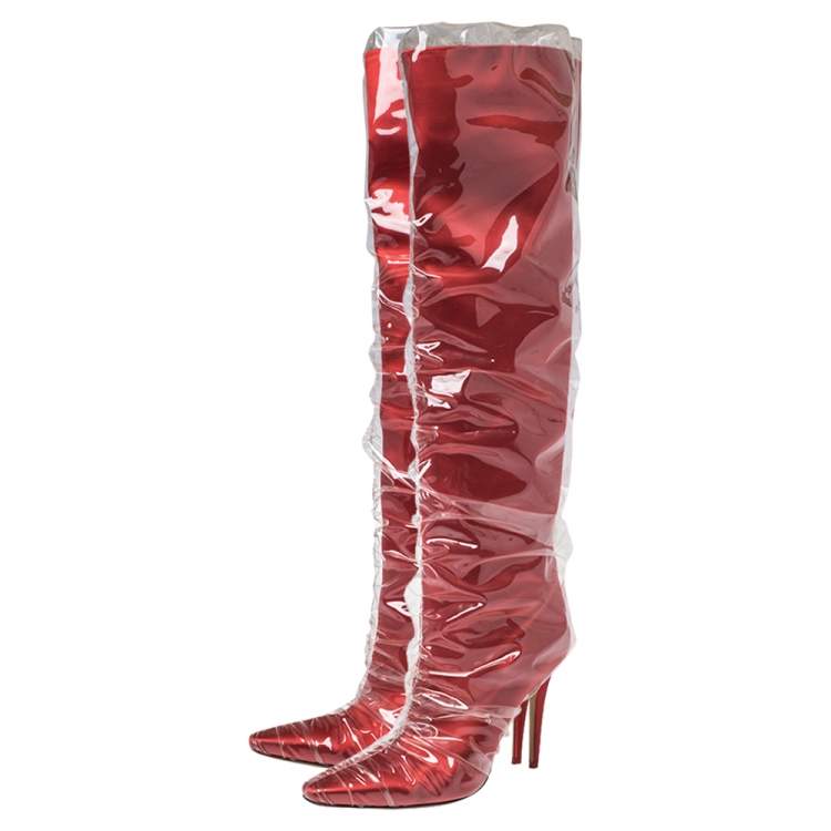 Pre Owned Jimmy Choo C/O Off-White Red Satin And PVC Elisabeth Knee Length Pointed Toe Boots Size 40