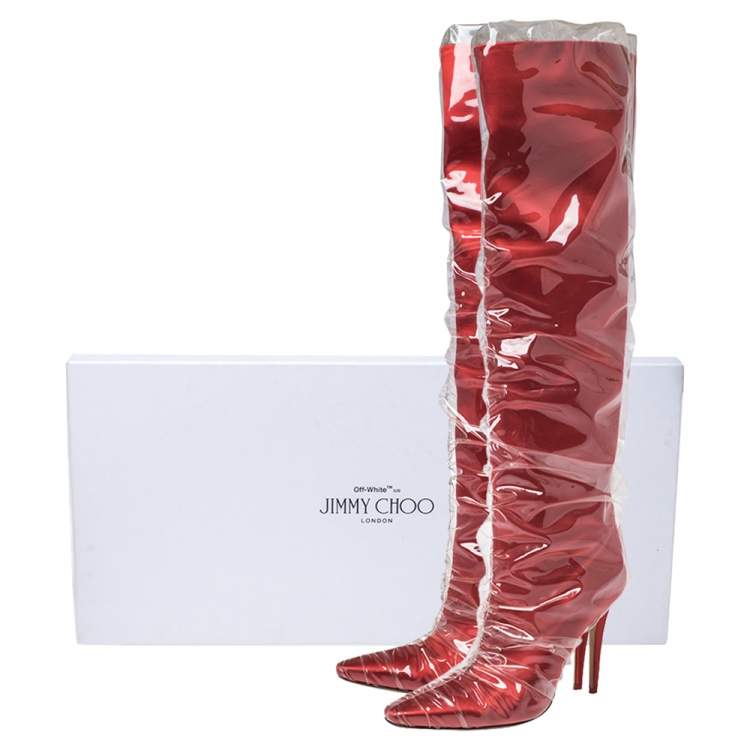 Pre Owned Jimmy Choo C/O Off-White Red Satin And PVC Elisabeth Knee Length Pointed Toe Boots Size 40