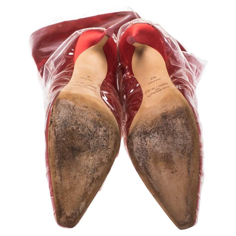 Pre Owned Jimmy Choo C/O Off-White Red Satin And PVC Elisabeth Knee Length Pointed Toe Boots Size 40