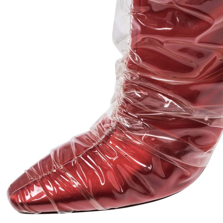 Pre Owned Jimmy Choo C/O Off-White Red Satin And PVC Elisabeth Knee Length Pointed Toe Boots Size 40