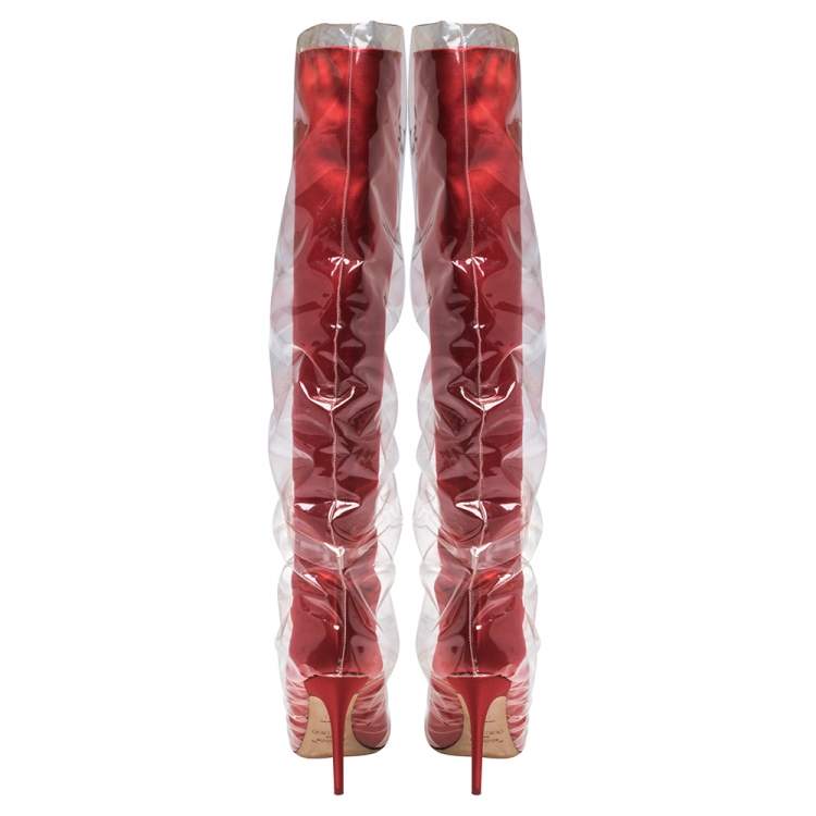 Pre Owned Jimmy Choo C/O Off-White Red Satin And PVC Elisabeth Knee Length Pointed Toe Boots Size 40