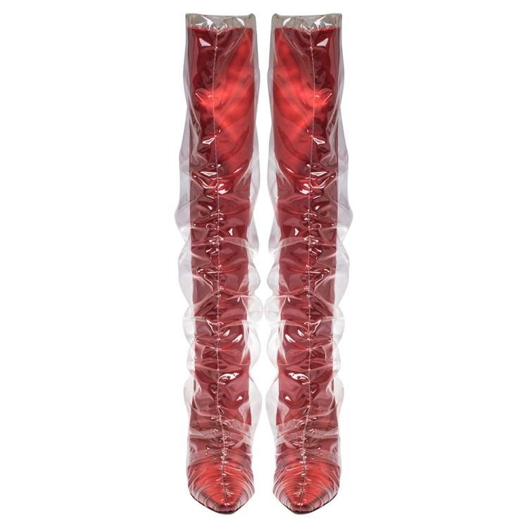 Pre Owned Jimmy Choo C/O Off-White Red Satin And PVC Elisabeth Knee Length Pointed Toe Boots Size 40