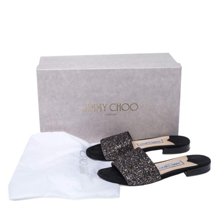 Pre Owned Jimmy Choo Black Twilight Glitter Fabric Joni Slide Flats Size 36