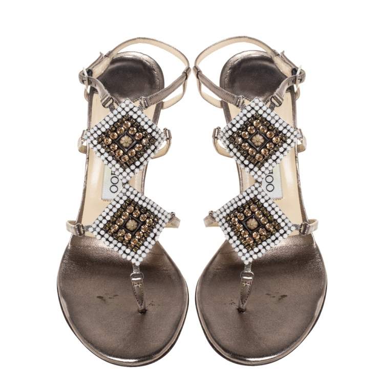 Pre Owned Jimmy Choo Metallic Bronze Leather Meira Crystal Embellished Sandals Size 37