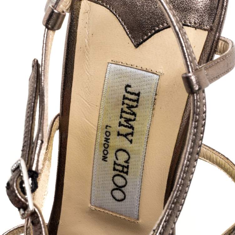 Pre Owned Jimmy Choo Metallic Bronze Leather Meira Crystal Embellished Sandals Size 37