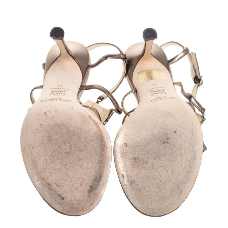 Pre Owned Jimmy Choo Metallic Bronze Leather Meira Crystal Embellished Sandals Size 37