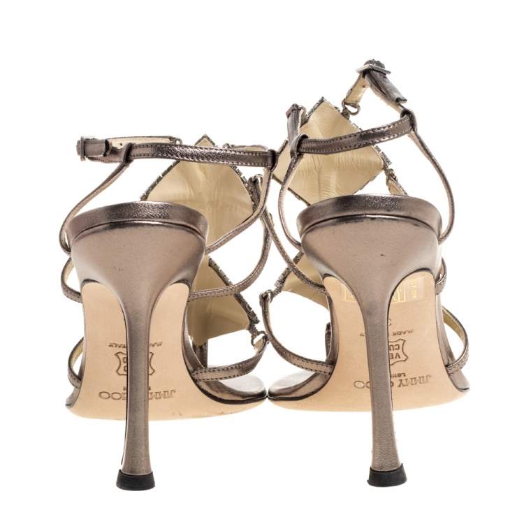 Pre Owned Jimmy Choo Metallic Bronze Leather Meira Crystal Embellished Sandals Size 37