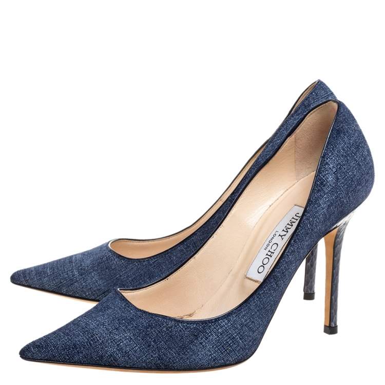 Pre Owned Jimmy Choo Blue Denim and Snakeskin Romy Pumps Size 37