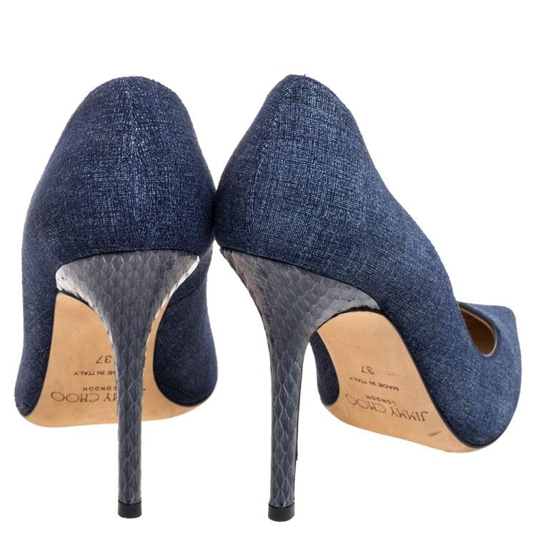 Pre Owned Jimmy Choo Blue Denim and Snakeskin Romy Pumps Size 37