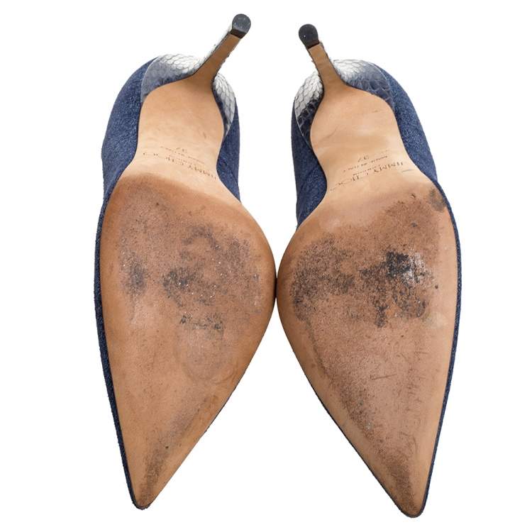 Pre Owned Jimmy Choo Blue Denim and Snakeskin Romy Pumps Size 37