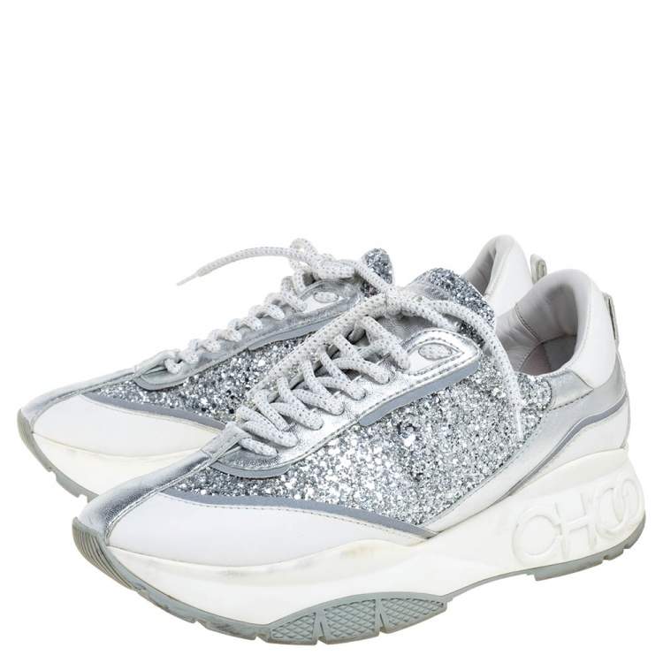 Pre Owned Jimmy Choo White/Silver Leather And Glitter Raine Low Top Sneakers Size 39