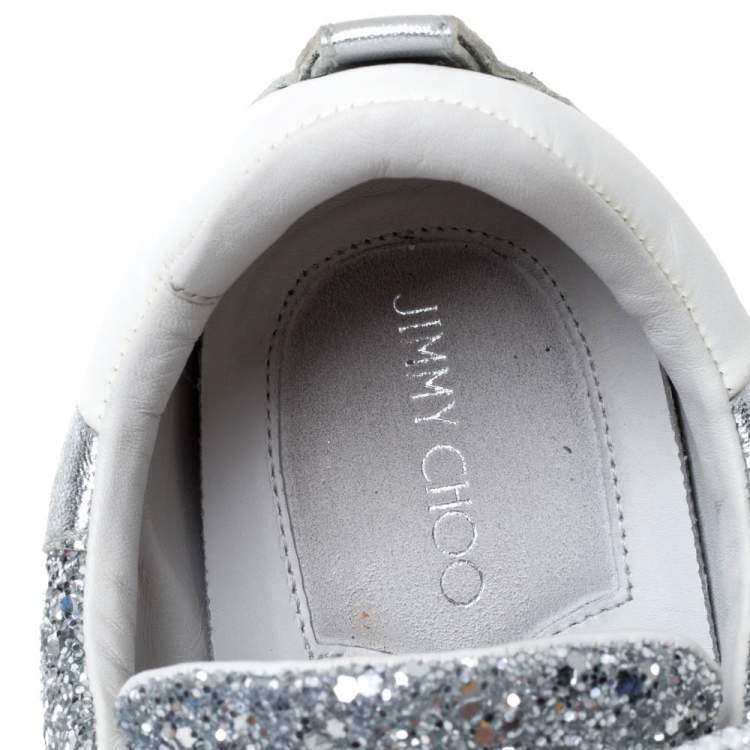 Pre Owned Jimmy Choo White/Silver Leather And Glitter Raine Low Top Sneakers Size 39