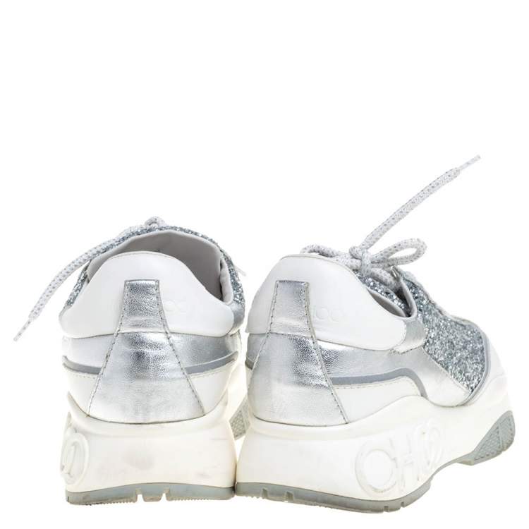 Pre Owned Jimmy Choo White/Silver Leather And Glitter Raine Low Top Sneakers Size 39
