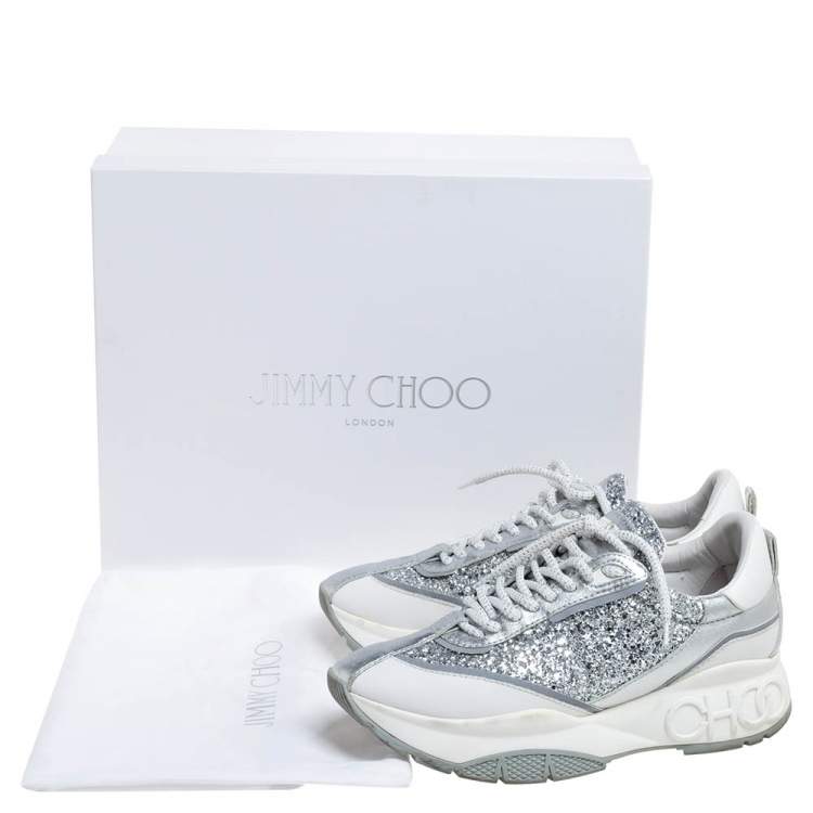 Pre Owned Jimmy Choo White/Silver Leather And Glitter Raine Low Top Sneakers Size 39