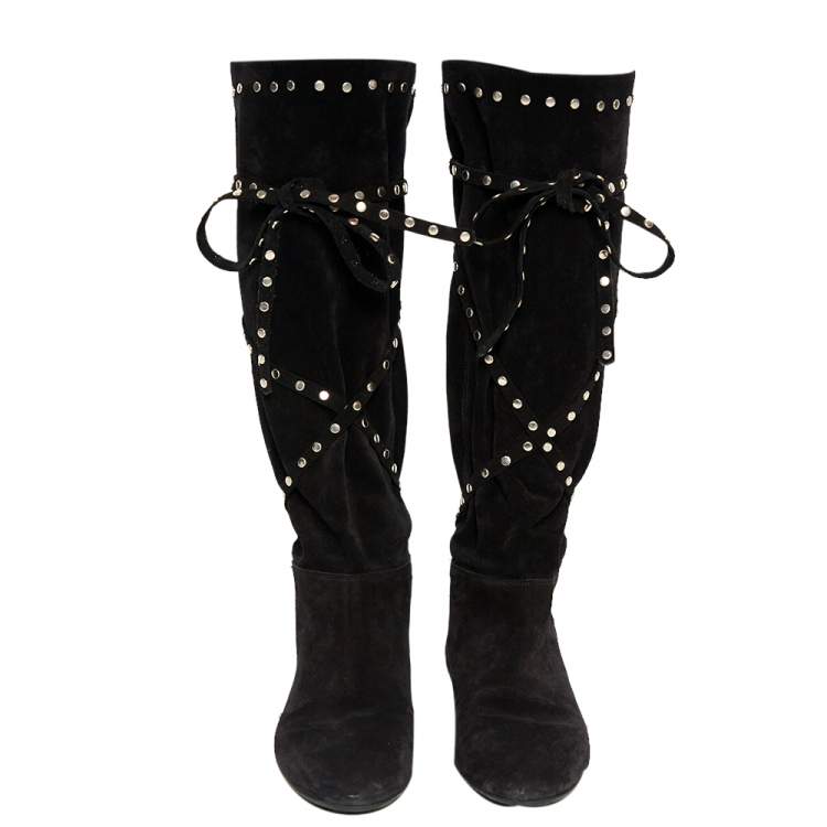 Pre Owned Jimmy Choo Black Suede Studded Knee Boots Size 39