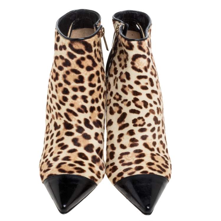 Pre Owned Jimmy Choo Brown/Black Leopard Print Calf Hair and Patent Leather Cap Toe Ankle Booties Size 37