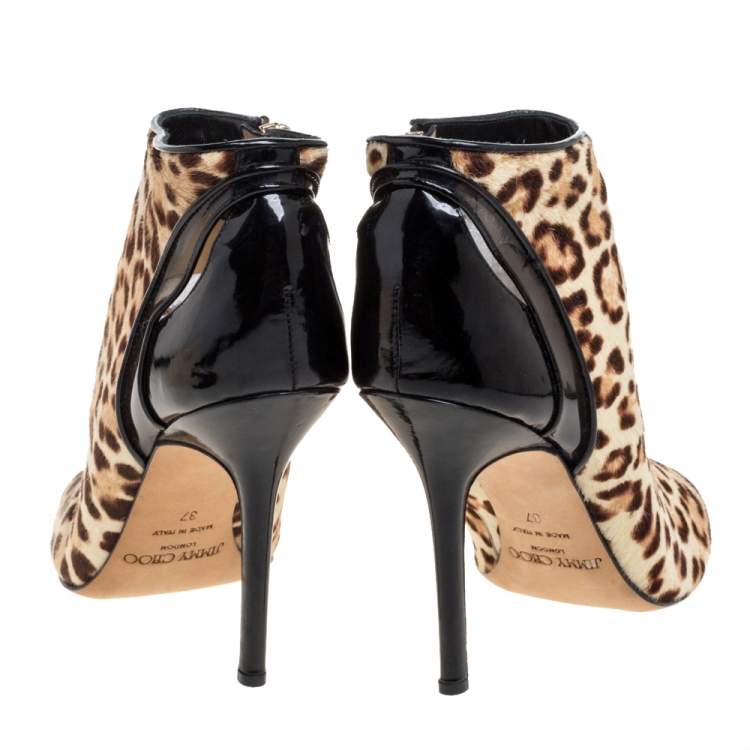 Pre Owned Jimmy Choo Brown/Black Leopard Print Calf Hair and Patent Leather Cap Toe Ankle Booties Size 37