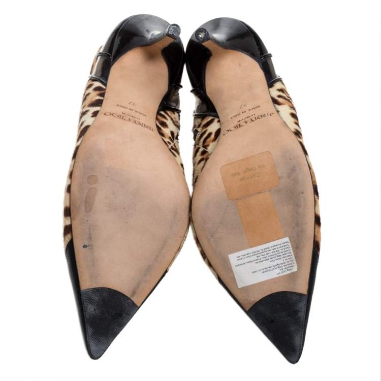 Pre Owned Jimmy Choo Brown/Black Leopard Print Calf Hair and Patent Leather Cap Toe Ankle Booties Size 37