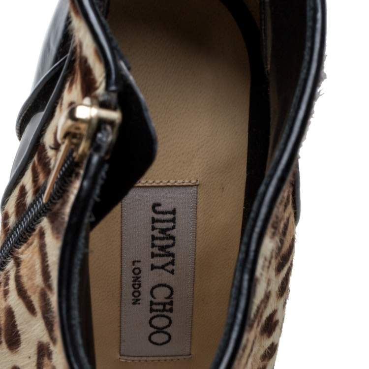 Pre Owned Jimmy Choo Brown/Black Leopard Print Calf Hair and Patent Leather Cap Toe Ankle Booties Size 37