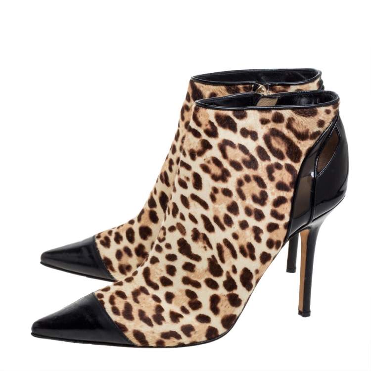 Pre Owned Jimmy Choo Brown/Black Leopard Print Calf Hair and Patent Leather Cap Toe Ankle Booties Size 37
