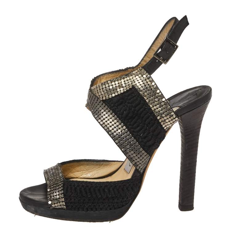 Pre Owned Jimmy Choo Black Chainmail and Fabric Peep Toe Slingback Sandals Size 36