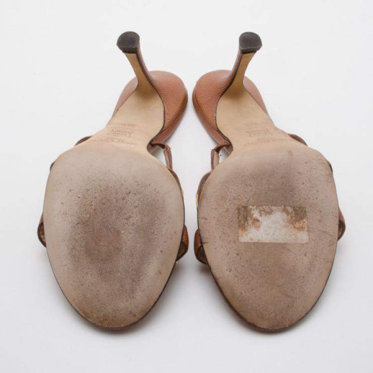 Pre Owned Jimmy Choo Brown Camel Leather 'Verity' Strap Sandals Size 36.5