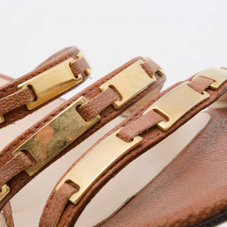 Pre Owned Jimmy Choo Brown Camel Leather 'Verity' Strap Sandals Size 36.5
