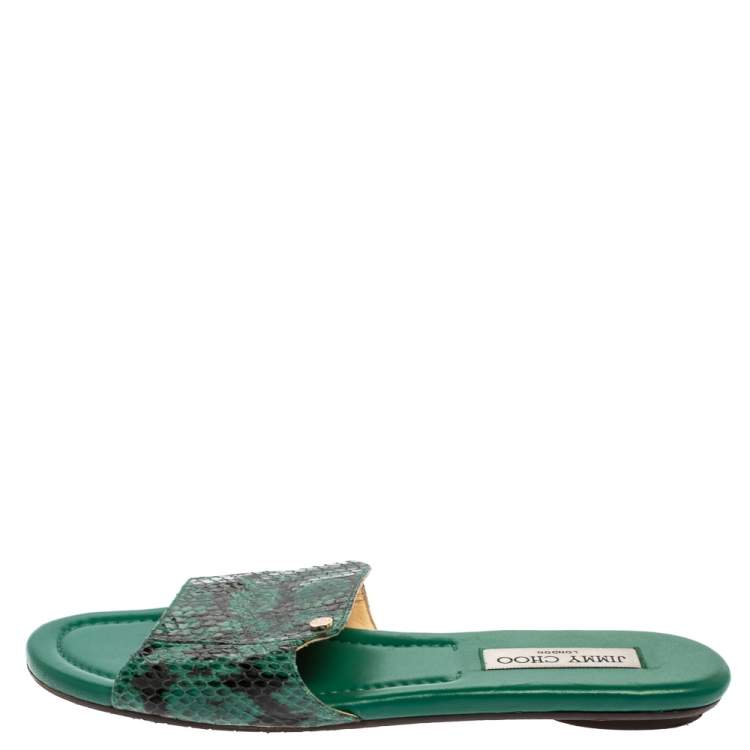 Pre Owned Jimmy Choo Green Python Embossed Leather Nanda Flat Slides Size 39.5