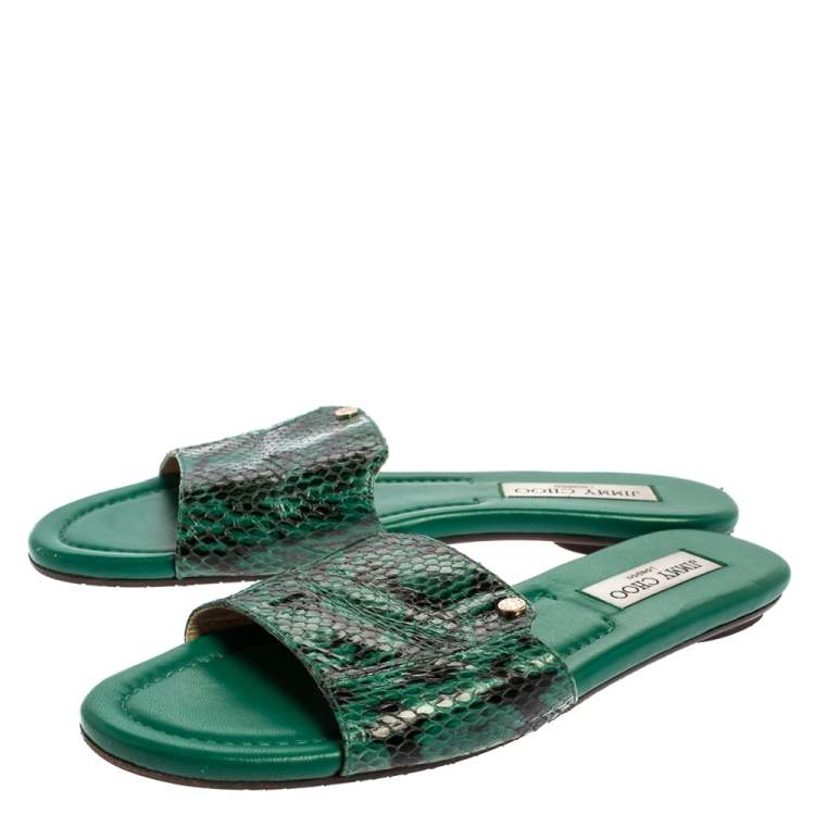 Pre Owned Jimmy Choo Green Python Embossed Leather Nanda Flat Slides Size 39.5