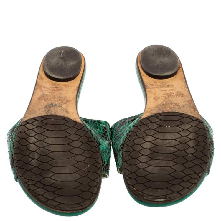 Pre Owned Jimmy Choo Green Python Embossed Leather Nanda Flat Slides Size 39.5