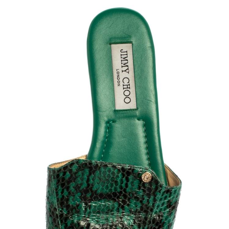 Pre Owned Jimmy Choo Green Python Embossed Leather Nanda Flat Slides Size 39.5
