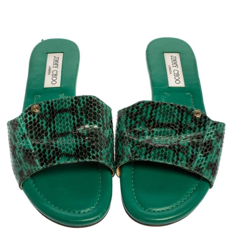 Pre Owned Jimmy Choo Green Python Embossed Leather Nanda Flat Slides Size 39.5