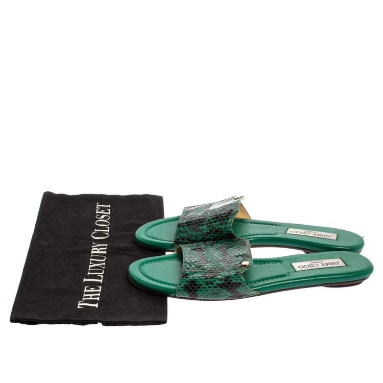 Pre Owned Jimmy Choo Green Python Embossed Leather Nanda Flat Slides Size 39.5
