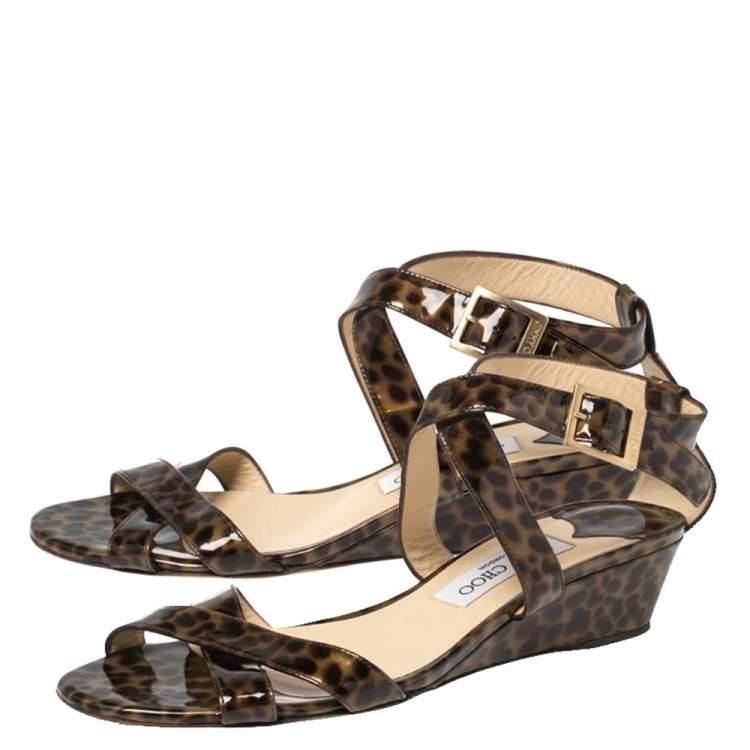 Pre Owned Jimmy Choo Two Tone Leopard Print Patent Leather Chiara Wedge Sandals Size 39