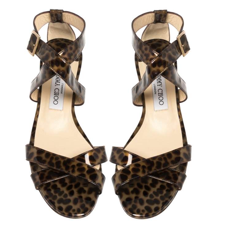 Pre Owned Jimmy Choo Two Tone Leopard Print Patent Leather Chiara Wedge Sandals Size 39