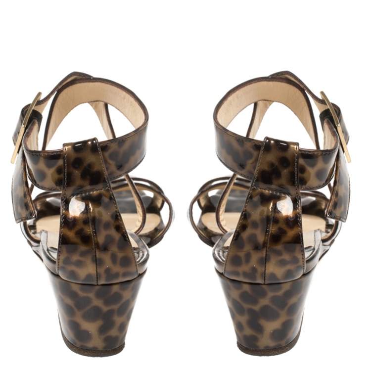 Pre Owned Jimmy Choo Two Tone Leopard Print Patent Leather Chiara Wedge Sandals Size 39