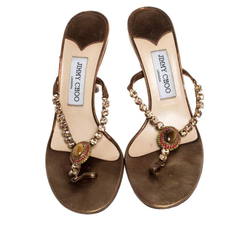 Pre Owned Jimmy Choo Metallic Bronze Leather Crystal Embellished Thong Sandals  Size 38.5 