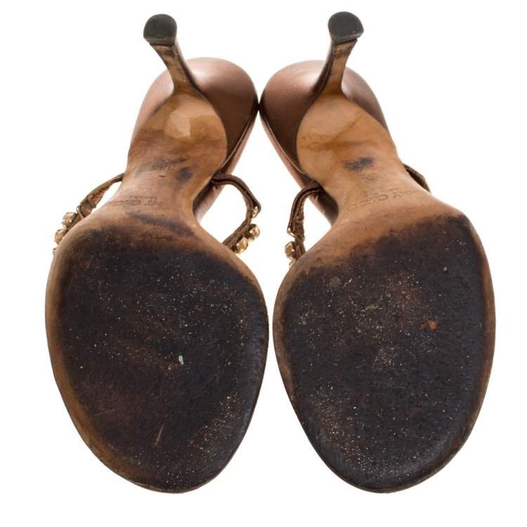 Pre Owned Jimmy Choo Metallic Bronze Leather Crystal Embellished Thong Sandals  Size 38.5 