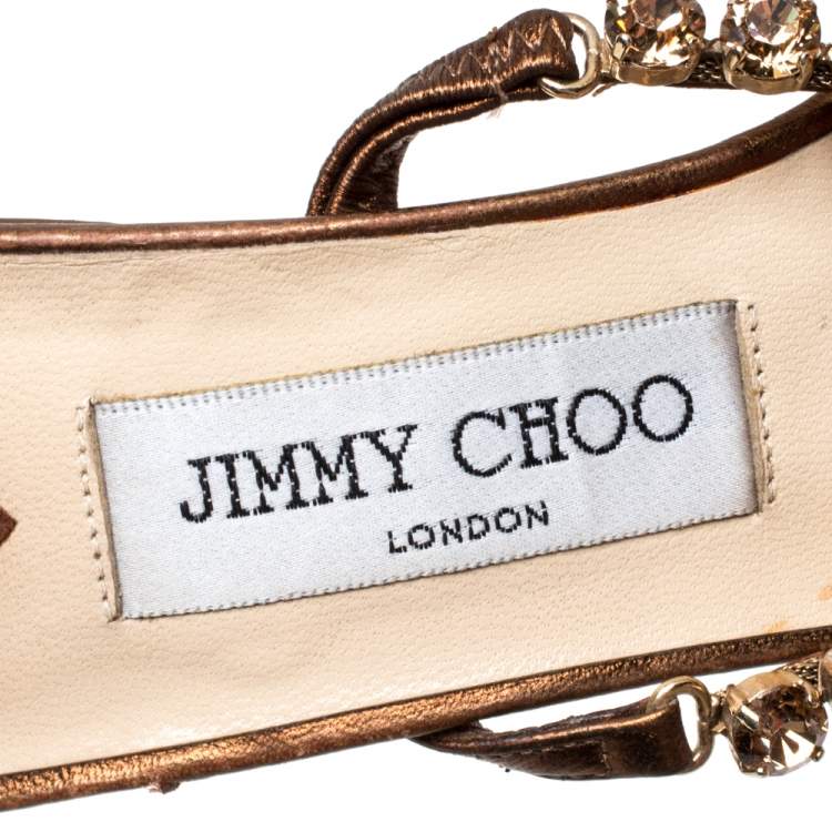 Pre Owned Jimmy Choo Metallic Bronze Leather Crystal Embellished Thong Sandals  Size 38.5 